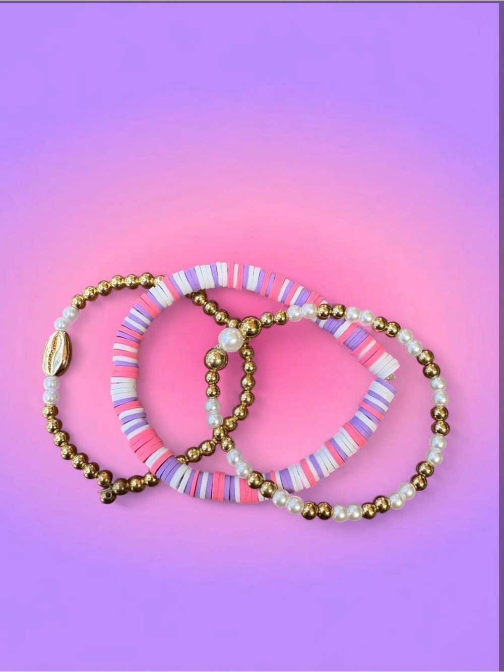 Gold & Pink Beaded Stackable Bracelet Set